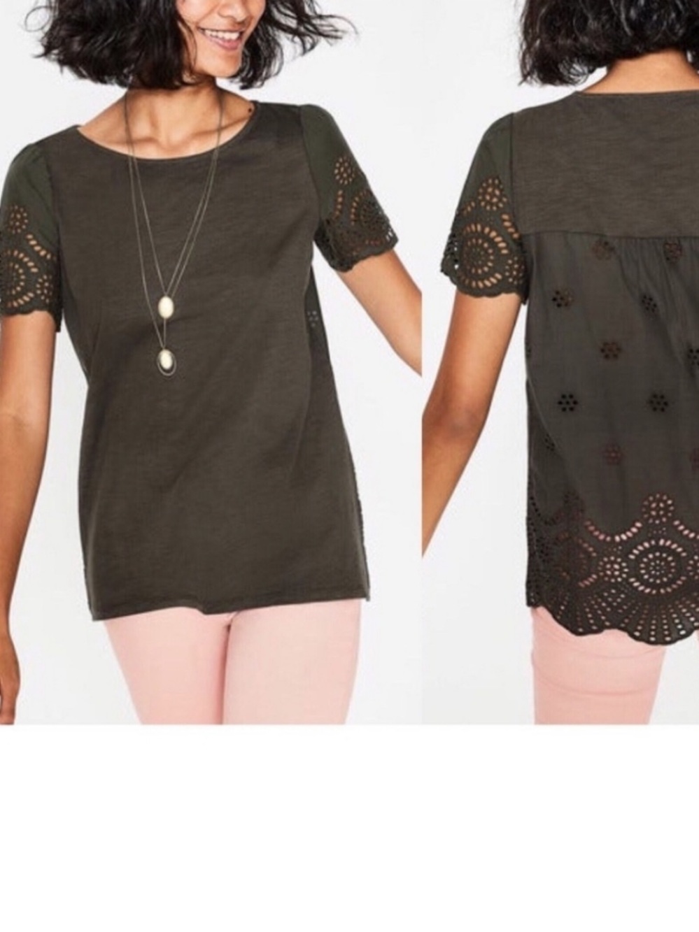 Boden Olive Eyelet Crochet-Back Women’s Short Sleeve Top US Size 6 or a S.